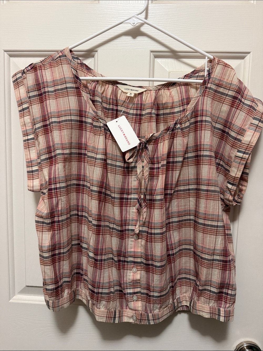 Lucky Brand Pink and Red Plaid Button-Front Short Sleeve Top